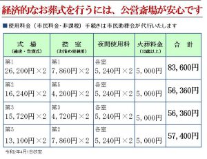 所沢市斎場での葬儀(使用料金)