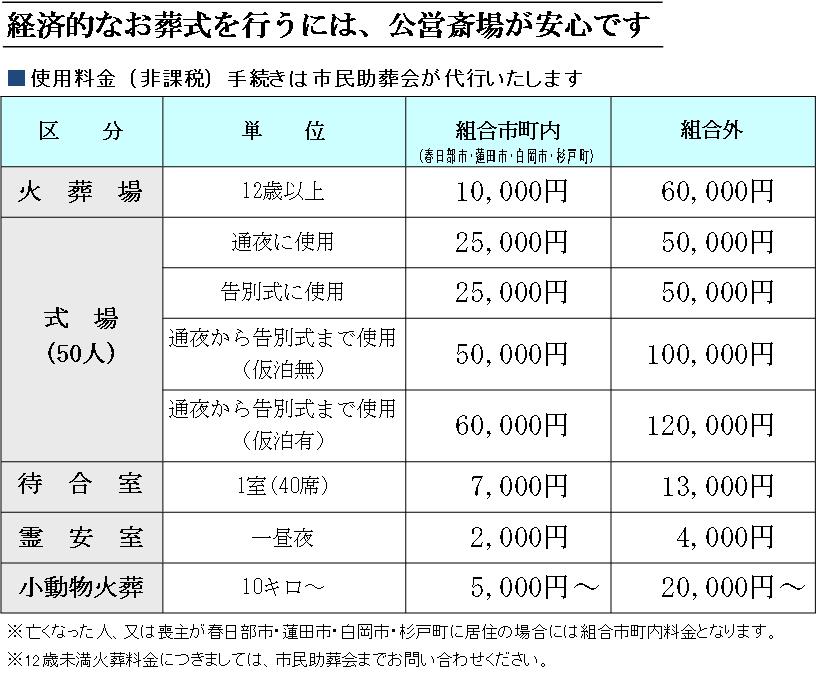 埼葛　料金表